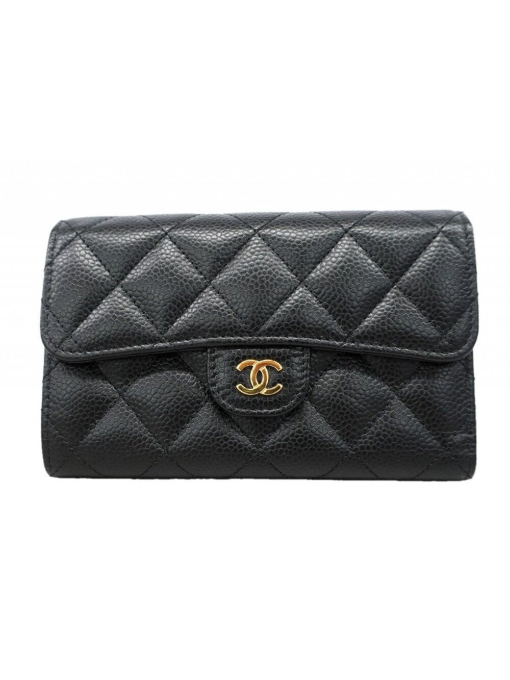 Chanel Trifold Wallet Quilted Caviar Leather Black Gold